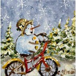 Bonhomme de neige en bicyclette - Art naïf 4 X 4